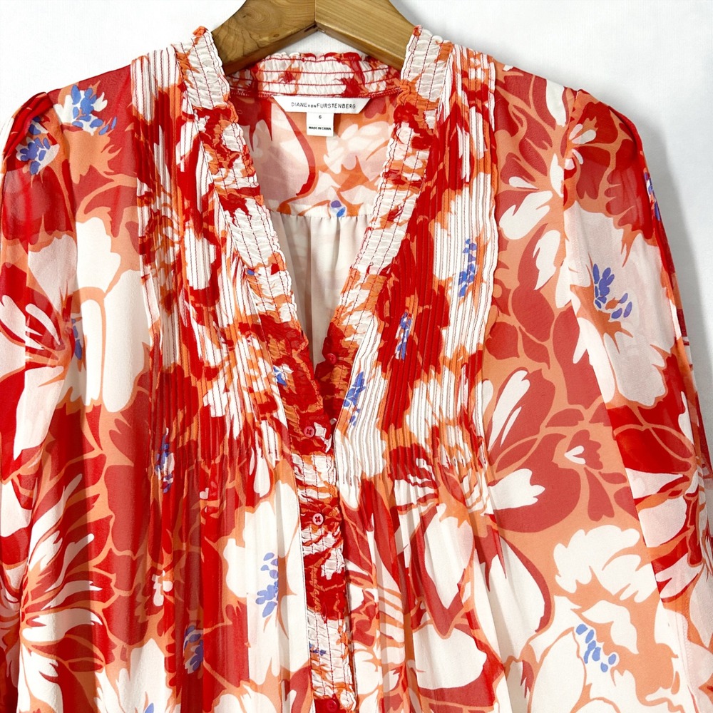 Diane von Furstenberg 100% Silk Chiffon 3/4 Sleeve Red Dress Womens Size 6 - Picture 4 of 15